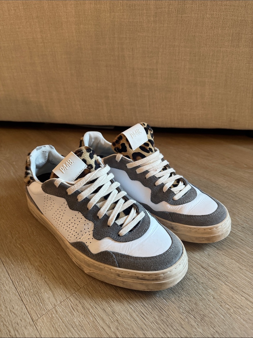 P448 White, Gray & Leopard-Print Sneakers